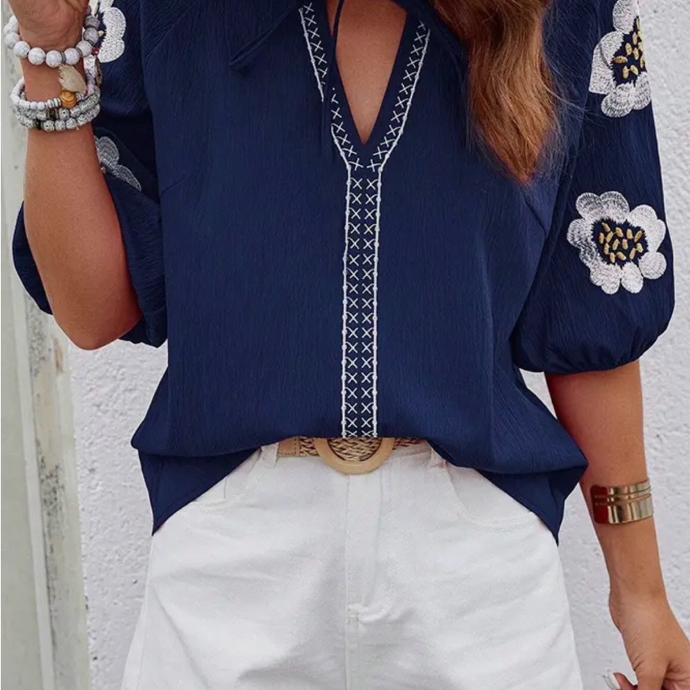 Navy Blue Embroidered Women's Top